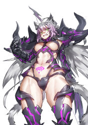 Rule 34 | 1girl, animal ears, armor, atalanta (fate), atalanta alter (fate), atalanta alter (third ascension) (fate), breasts, cat ears, cat tail, clenched teeth, fate/grand order, fate (series), gauntlets, glaring, green eyes, grey hair, highres, long hair, looking at viewer, melon22, navel, pauldrons, pubic tattoo, purple hair, shoulder armor, slit pupils, solo, tail, tattoo, teeth, very long hair