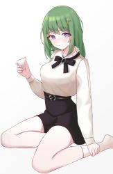 Rule 34 | 1girl, absurdres, black bow, black skirt, blouse, blush, bow, bowtie, closed mouth, clothing request, commentary, dated commentary, full body, green hair, hair ornament, hand on own leg, hand up, highres, holding, kano (wi3028), key hair ornament, long hair, long sleeves, looking at viewer, original, purple eyes, shirt, sidelocks, simple background, sitting, skirt, smile, solo, white background, white shirt, yokozuwari