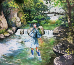 Rule 34 | 1girl, backpack, bag, blue eyes, blue footwear, boots, dappled sunlight, forest, hat, kawashiro nitori, key, marker (medium), millipen (medium), mixed media, nature, open mouth, river, rock, rubber boots, shiratama (hockey), shirt, skirt, smile, solo, sunlight, touhou, traditional media, tree, twintails, two side up, wading