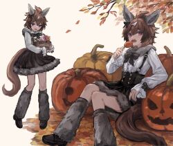 Rule 34 | 1girl, absurdres, ahoge, animal ears, autumn leaves, basket, black bow, black footwear, bow, buttons, candy, commentary request, double-breasted, dress, ear bow, ear covers, falling leaves, food, foot out of frame, full body, fur-trimmed dress, fur-trimmed leg warmers, fur trim, highres, holding, holding basket, holding candy, holding food, holding lollipop, horse ears, horse girl, horse tail, jack-o&#039;-lantern, leaf, leg warmers, loafers, lollipop, long sleeves, multicolored hair, multiple views, on ground, open mouth, pumpkin, rokojii, sharp teeth, shinko windy (umamusume), shoes, simple background, sitting, streaked hair, tail, teeth, umamusume, white background, white hair