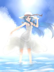 Rule 34 | 1girl, :d, absurdres, bare arms, blue eyes, blue hair, cloud, day, dress, hand on headwear, hat, hatsune miku, highres, kazenoko, long hair, looking at viewer, matching hair/eyes, open mouth, see-through, see-through silhouette, skirt hold, sky, sleeveless, sleeveless dress, smile, solo, standing, sun, sun hat, sundress, vocaloid, wading, water, white dress, wind