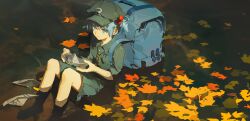 Rule 34 | 1girl, autumn leaves, backpack, bag, blue eyes, blue hair, buttons, collared shirt, flat cap, green hat, green shirt, green skirt, hair bobbles, hair ornament, hat, highres, huang gua, kawashiro nitori, key, leaf, looking away, maple leaf, outdoors, paper, paper boat, partially submerged, shirt, short hair, sitting, skirt, smile, solo, touhou, two side up, water