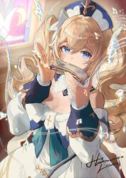 Rule 34 | 1girl, absurdres, barbara (genshin impact), bare shoulders, blonde hair, blue eyes, commentary, dress, english commentary, genshin impact, harmonica, highres, holding, holding instrument, instrument, long hair, long sleeves, music, off-shoulder dress, off shoulder, playing instrument, salmon88, solo, staff (music), twintails, upper body, white dress, white headwear