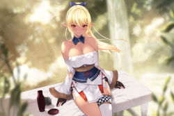 Rule 34 | 1girl, alcohol, bad id, bad pixiv id, bare shoulders, black gloves, black ribbon, blonde hair, blue bow, blurry, blurry background, blurry foreground, blush, bow, breasts, cait aron, cleavage, collarbone, commentary request, dark-skinned female, dark skin, depth of field, detached collar, detached sleeves, elf, gloves, hair bow, hair ornament, highres, hololive, japanese clothes, kimono, large breasts, long hair, looking at viewer, obi, outdoors, pointy ears, ponytail, red eyes, ribbon, sake, sash, shiranui flare, shiranui flare (old design), single thighhigh, sitting, smile, solo, thighhighs, virtual youtuber, white kimono, white thighhighs