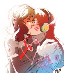 Rule 34 | 2girls, backlighting, blush, bodysuit, brown eyes, brown hair, commentary, d.mon (overwatch), d.va (overwatch), english commentary, facial mark, flipped hair, french kiss, headphones, kiss, long hair, medium hair, multiple girls, onsta, overwatch, overwatch 1, pilot suit, shoulder grab, shoulder pads, surprise kiss, surprised, whisker markings, yuri