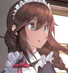 Rule 34 | 10s, 1girl, alternate costume, apron, braid, brown hair, close-up, enmaided, fujibejifu, green eyes, kantai collection, looking to the side, maid, maid apron, maid headdress, noshiro (kancolle), parted lips, ribbon, solo, window