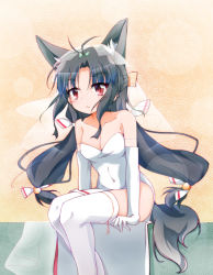 Rule 34 | :&lt;, animal ear fluff, animal ears, azur lane, black hair, breasts, bridal gauntlets, bridal veil, cleavage, collarbone, commentary request, dress, fox ears, hair ribbon, kazami yutaka (23), looking at viewer, low twintails, red eyes, ribbon, simple background, sitting, solo, thighhighs, twintails, veil, wedding dress, white thighhighs, yuubari (azur lane)