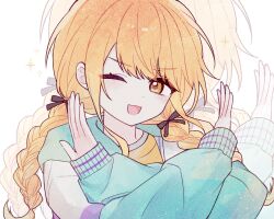 Rule 34 | 1girl, ;d, blonde hair, blush, braid, commentary, crossed arms, fujita kotone, gakuen idolmaster, idolmaster, jacket, long sleeves, looking at viewer, multicolored clothes, multicolored jacket, one eye closed, open mouth, quzie, smile, solo, twin braids, upper body, x, zoom layer