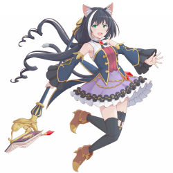Rule 34 | 1girl, :d, animal ear fluff, animal ears, armpits, black hair, black ribbon, black thighhighs, blue sleeves, book, brown footwear, bustier, cat ears, cat girl, cat tail, detached sleeves, fang, floating hair, green eyes, highres, holding, holding staff, karyl (princess connect!), layered skirt, layered sleeves, long hair, long sleeves, looking at viewer, miniskirt, multicolored hair, neck ribbon, open book, open mouth, princess connect!, purple skirt, ribbon, shirt, silver hair, simple background, skin fang, skirt, sleeveless, sleeveless shirt, smile, solo, staff, tail, thighhighs, tied shirt, two-tone hair, v-shaped eyebrows, very long hair, white background, yoruusagi
