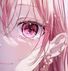Rule 34 | 1girl, chromatic aberration, close-up, closed mouth, crying, crying with eyes open, ear piercing, earrings, eye focus, flower earrings, hair between eyes, heart, heart-shaped pupils, heart in eye, jewelry, lens flare, light particles, looking at viewer, mahiru yura, original, piercing, pink eyes, pink hair, sidelocks, smile, solo, symbol-shaped pupils, symbol in eye, tears