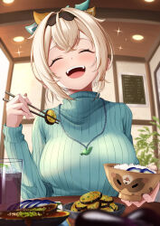 Rule 34 | 1girl, absurdres, alternate breast size, aqua shirt, blonde hair, blush, bowl, breasts, chopsticks, closed eyes, eggplant, food, hair ornament, hairband, highres, holding, holding chopsticks, hololive, jewelry, kaigan, kazama iroha, large breasts, long hair, long sleeves, looking at viewer, necklace, open mouth, ponytail, shirt, short ponytail, smile, solo, striped, teeth, upper teeth only, vertical stripes, virtual youtuber