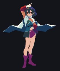 Rule 34 | 4qw5, black background, black eyes, blue hair, boots, buttons, cape, dress, hair between eyes, hair ornament, hand up, highres, index finger raised, light smile, long sleeves, medium hair, multicolored clothes, multicolored dress, multicolored headwear, pixel art, purple footwear, simple background, sleeves past wrists, smile, tenkyuu chimata, touhou, white cape, zipper, zipper dress