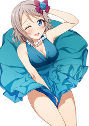 Rule 34 | 10s, 1girl, ;d, arm behind head, arm up, bad id, bad pixiv id, bare legs, bare shoulders, blue dress, blue eyes, bow, breasts, cleavage, dress, flower, hair bow, hair flower, hair ornament, jewelry, legs together, light brown hair, looking at viewer, love live!, love live! school idol festival, love live! sunshine!!, medium breasts, necklace, one eye closed, open mouth, pearl necklace, short hair, simple background, skirt hold, sleeveless, sleeveless dress, smile, solo, suzume miku, teeth, watanabe you, white background, wind, wind lift