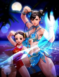 Rule 34 | 2girls, beach, bikini, blue bikini, blue choker, blue fire, blue sarong, breasts, brown eyes, brown hair, capcom, child, choker, chun-li, clenched hands, double bun, energy ball, fighting stance, fire, flower, front-tie bikini top, front-tie top, full moon, hair bun, hair flower, hair ornament, hair ribbon, hibiscus, lens flare, li-fen, looking at viewer, medium breasts, moon, mother and daughter, multiple girls, navel, night, ocean, official alternate costume, official art, one-piece swimsuit, parted hair, red one-piece swimsuit, ribbon, sarong, short hair, smile, street fighter, street fighter v, studded bracelet, swept bangs, swimsuit, the king of fighters all-stars, thick thighs, thighs, toned