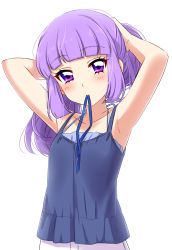 Rule 34 | 10s, 1girl, aikatsu!, aikatsu! (series), arms up, blunt bangs, blush, camisole, eyelashes, highres, hikami sumire, long hair, looking at viewer, mouth hold, purple eyes, purple hair, ribbon, sekina, simple background, solo, tying hair, upper body, white background
