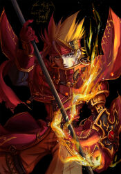 Rule 34 | 1boy, arc the lad, armor, artist name, black background, blonde hair, character name, copyright name, dated, earrings, elc (arc the lad), fire, gauntlets, gloves, hayosuga, headband, highres, jewelry, looking at viewer, male focus, red armor, red gloves, solo