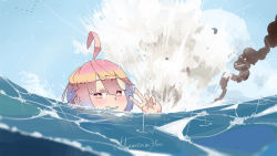 Rule 34 | 1girl, ahoge, blue sky, blush, explosion, highres, i-58 (kancolle), kantai collection, looking at viewer, mountain han, ocean, pink hair, signature, sky, smirk, smoke, solo, v, water, waves