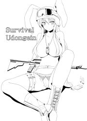 Rule 34 | 1girl, animal ears, bad id, bad pixiv id, boots, bow, breasts, rabbit ears, cartridge, cross-laced footwear, dog tags, ear ribbon, english text, gisyo, greyscale, gun, hair censor, hair over breasts, helmet, highres, lace-up boots, large breasts, monochrome, monochrome, panties, panties only, reisen udongein inaba, sitting, solo, topless, touhou, underwear, underwear only, weapon