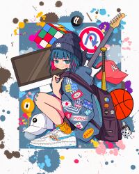 Rule 34 | 1girl, backpack, badge, bag, ball, baseball bat, baseball cap, basketball (object), beanie, blue background, blue eyes, blue hair, blue hat, blue shirt, border, button badge, closed mouth, computer, dice, electric guitar, from side, full body, guitar, hat, highres, holding strap, imac, instrument, jitome, light blush, light smile, looking at viewer, looking to the side, multicolored hair, nao97122, nike (company), original, outside border, paint splatter, patch, paw print, pink hair, revision, ringed eyes, road sign, rubik&#039;s cube, shirt, shoes, sign, sleeves past elbows, sneakers, socks, solo, squatting, sticker, streaked hair, streetwear, triple vertical stripe, white border, white footwear, wide sleeves, yellow socks