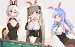 Rule 34 | 3girls, absurdres, alternate costume, animal ears, azur lane, bare shoulders, between breasts, black leotard, blue hair, blush, breasts, center frills, chair, cleavage, cleavage cutout, clothing cutout, detached collar, detached sleeves, dido (azur lane), fake animal ears, formidable (azur lane), framed breasts, frills, from side, grey background, hair between eyes, highleg, highleg leotard, highres, large breasts, leotard, looking at viewer, looking to the side, multiple girls, neckerchief, pantyhose, playboy bunny, poker table, rabbit ears, red eyes, short hair, simple background, sirius (azur lane), strapless, strapless leotard, table, twintails, underbust, watage tanpopo, white hair, white leotard, white neckerchief