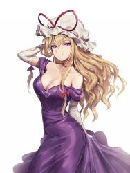 Rule 34 | 1girl, arm behind head, bare shoulders, blonde hair, breasts, choker, cleavage, closed mouth, collarbone, dress, elbow gloves, gloves, hat, highres, long hair, looking at viewer, medium breasts, minust, mob cap, purple dress, purple eyes, red choker, simple background, smile, solo, touhou, white background, white gloves, white hat, yakumo yukari