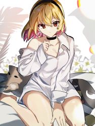 Rule 34 | 1girl, ashizawa saki, black choker, black hairband, blonde hair, breasts, brown eyes, choker, cleavage, collarbone, collared shirt, colored inner hair, earrings, expressionless, hairband, highres, jewelry, jieli, medium breasts, multicolored hair, off shoulder, pink hair, riot music, second-party source, shirt, sitting, sleeves past wrists, solo, stuffed animal, stuffed toy, virtual youtuber, wariza, white shirt