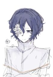Rule 34 | 1boy, blue eyes, blue hair, capelet, chinese commentary, closed mouth, colored skin, commentary request, flower, flower over eye, gold trim, hair between eyes, hair intakes, luobu13387, male focus, rose, saibou shinkyoku, shirt, simple background, sketch, smile, solo, upper body, utsugi noriyuki, white background, white capelet, white flower, white rose, white shirt, white skin