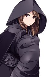 Rule 34 | 1girl, arms behind back, blush, breasts, brown eyes, brown hair, cloak, cowboy shot, cross, cross necklace, covered erect nipples, expressionless, eyelashes, highres, hood, hooded cloak, jewelry, looking at viewer, matsunaga kouyou, md5 mismatch, necklace, no bra, nun, original, parted lips, photo-referenced, small breasts, solo, standing