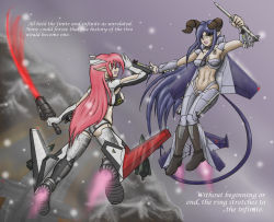 Rule 34 | 2girls, ace combat, ace combat zero, adfx-02 morgan, airborne laser, aircraft, airplane, bare arms, blue hair, breasts, cannon, demon, demon tail, directed-energy weapon, energy, energy beam, energy blade, energy cannon, energy sword, energy weapon, f-15, f-15 eagle, fairy, fangs, fighting, gloves, horns, laser, laser cannon, laser weapon, long hair, mecha musume, medium breasts, multiple girls, navel, paolo aninag, pink hair, pointy ears, prototype design, red laser, scar, signature, skunk works, snow, sword, tactical laser system, tail, tattoo, text focus, thighhighs, weapon, white eyes, yellow eyes, zoisite (ace combat)