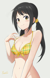 Rule 34 | 1girl, absurdres, bikini, black hair, breasts, brown eyes, cleavage, collarbone, front-tie bikini top, front-tie top, highres, idolmaster, idolmaster cinderella girls, long hair, looking at viewer, low twintails, medium breasts, nakano yuka, navel, oscar 08, signature, simple background, smile, solo, swimsuit, twintails, upper body