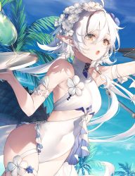 Rule 34 | 1girl, :o, arknights, armpit crease, bare shoulders, breasts, covered navel, cowboy shot, crocodilian tail, day, holding, long hair, official alternate costume, official art, one-piece swimsuit, open mouth, orange eyes, outdoors, outstretched arm, pointy ears, small breasts, solo, swimsuit, tail, thighs, tomimi (arknights), tomimi (silent night) (arknights), toosaka asagi, tray, very long hair, white hair, white one-piece swimsuit