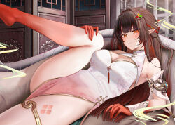 1girl ahoge architecture bare_legs bare_shoulders barefoot blush breasts brown_hair china_dress chinese_clothes cleavage closed_mouth collar colored_extremities commentary detached_sleeves dress east_asian_architecture gradient_clothes gradient_dress gradient_hair hair_intakes hair_ornament honkai:_star_rail honkai_(series) indoors large_breasts leg_up legs lingsha_(honkai:_star_rail) long_hair looking_at_viewer multicolored_hair orange_eyes paid_reward_available pelvic_curtain pointy_ears red_hands ru_zhai short_sleeves sidelocks smile solo very_long_hair white_collar white_dress white_sleeves