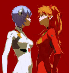 Rule 34 | 2girls, arms at sides, ayanami rei, blue eyes, blue hair, bodysuit, breasts, facing another, from side, hair ornament, hairpods, hand on own hip, highres, interface headset, light blue hair, long hair, looking at another, medium breasts, multiple girls, neon genesis evangelion, orange hair, pilot suit, plugsuit, red background, red bodysuit, red eyes, sheya tin, short hair, simple background, souryuu asuka langley, standing, white bodysuit