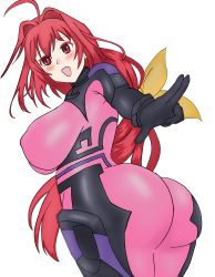 Rule 34 | 1girl, absurdres, ass, blush, bodysuit, bow, breasts, from behind, from below, hair bow, highres, huge ass, kagami sumika, kanjunka, large breasts, long hair, looking at viewer, muv luv, muv luv alternate, open mouth, red eyes, red hair, sideboob, skin tight, smile, solo, very long hair