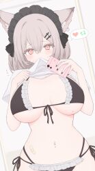 Rule 34 | 1girl, animal ears, bandaid, bikini, black bikini, blush, breasts, cat ears, cellphone, clothes lift, frilled bikini, frills, grey hair, hair ornament, hairband, hairclip, highres, holding, holding phone, large breasts, lifted by self, looking at viewer, mirror, navel, original, phone, red eyes, risshu, selfie, shirt, shirt lift, smartphone, solo, stomach, swimsuit, taking picture, white shirt