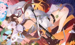 Rule 34 | 1girl, adin (epic seven), armpits, arms up, bandaged hand, bandages, bare shoulders, breasts, brown hair, cleavage, cleavage cutout, clothing cutout, detached sleeves, dress, epic seven, from side, highres, holding, holding sword, holding weapon, koyo akio, long hair, long sleeves, looking at viewer, medium breasts, orange eyes, pelvic curtain, sandals, sleeveless, sleeveless dress, smile, solo, sword, thigh strap, thighs, weapon, white dress