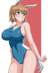 Rule 34 | 1girl, alternate hairstyle, animal ears, blue eyes, blush, breasts, charlotte e. yeager, cleavage, collarbone, competition swimsuit, covered navel, cowboy shot, grin, hair up, highres, huge breasts, komusou (jinrikisha), one-piece swimsuit, orange hair, outline, rabbit ears, rabbit girl, rabbit tail, short hair, sideboob, smile, solo, strike witches, swimsuit, tail, taut clothes, taut swimsuit, world witches series