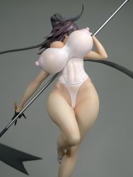 Rule 34 | 1girl, breasts, brown hair, competition school swimsuit, covered erect nipples, figure, high heels, highres, holding, holding polearm, holding spear, holding weapon, huge breasts, mizuki shiranui, one-piece swimsuit, photo (medium), polearm, school swimsuit, see-through, simple background, spear, standing, standing on one leg, swimsuit, taimanin (series), taimanin yukikaze, weapon, white one-piece swimsuit, wide hips
