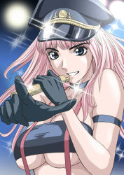 Rule 34 | 00s, 1girl, bare shoulders, black choker, black collar, black gloves, black tube top, blonde hair, blue eyes, breasts, choker, cleavage, collar, fumi, gloves, grin, hat, holding, holding microphone, kiso fumihiro, large breasts, long hair, looking at viewer, macross, macross frontier, microphone, music, naughty face, neck, peaked cap, pointing, pointing at viewer, sheryl nome, singing, smile, solo, strapless, suspenders, thick eyebrows, tube top, underboob, upper body