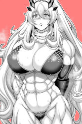 Rule 34 | 1girl, aoyama akira, arms behind back, barghest (fate), bikini, breasts, broad shoulders, cowboy shot, fairy knight gawain (ice warrior) (fate), fate/grand order, fate (series), hair between eyes, highres, horns, huge breasts, long hair, monochrome, muscular, muscular arms, muscular female, muscular legs, open mouth, red background, scarf, solo, standing, sweat, swimsuit, very long hair