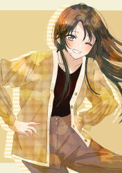 Rule 34 | 1girl, ;d, absurdres, alternate costume, alternate hairstyle, black hair, black shirt, blush, brown pants, collarbone, floating hair, hands on own hips, highres, idolmaster, idolmaster shiny colors, jacket, long hair, looking at viewer, mitsumine yuika, no eyewear, one eye closed, open mouth, paddy field, pants, shirt, shirt tucked in, simple background, smile, solo, straight hair, very long hair, yellow jacket
