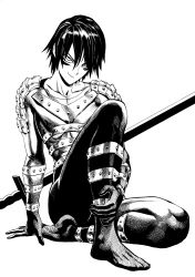 Rule 34 | 1boy, absurdres, armor, bodysuit, closed mouth, full body, greyscale, hair between eyes, highres, looking at viewer, male focus, monochrome, murata yuusuke, official art, one-punch man, onsoku no sonic, simple background, sitting, smile, solo, sword, weapon, white background