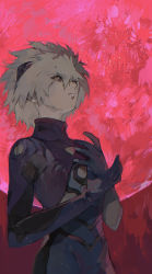 Rule 34 | 00s, 1boy, bodysuit, bracer, closed mouth, cowboy shot, evangelion: 2.0 you can (not) advance, expressionless, eyebrows, from side, full moon, gloves, grey hair, hair between eyes, hayusk, headgear, holding own arm, looking afar, looking to the side, male focus, moon, nagisa kaworu, neon genesis evangelion, pilot suit, plugsuit, profile, rebuild of evangelion, red eyes, red moon, short hair, solo, spiked hair, turtleneck, white hair