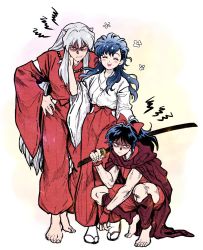Rule 34 | 1boy, 2girls, animal ears, barefoot, black hair, bow, cloak, dog ears, family, father and daughter, glaring, hair bow, han&#039;you no yashahime, hand on another&#039;s face, hand up, highres, higurashi kagome, inuyasha, inuyasha (character), japanese clothes, jewelry, jungyun99, katana, kimono, long hair, moroha (inuyasha), mother and daughter, multiple girls, necklace, scowl, shaded face, silver hair, smile, squatting, sword, tooth necklace, weapon