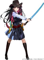 Rule 34 | 1girl, black footwear, black hair, black shirt, copyright name, cowboy hat, fate/grand order, fate (series), gun, hat, holding, holding sword, holding weapon, holster, ishtar (fate), leggings, morii shizuki, multicolored hair, official art, red eyes, red hair, shirt, skirt, solo, space ishtar (fate), sword, weapon