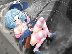 1girl absurdres astera_tofu baseball_cap black_shorts blue_eyes blue_footwear blue_hair blue_jacket camisole cigarette collarbone double-barreled_shotgun glasses gun hairband hat highres holding holding_gun holding_weapon jacket jelly_hoshiumi open_clothes open_jacket phase_connect pink_thighhighs round_eyewear short_hair shorts shotgun shotgun_shell smoke smoking solo striped_clothes striped_thighhighs thighhighs unworn_eyewear virtual_youtuber weapon white_camisole white_thighhighs yellow_hairband