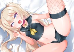 Rule 34 | 1girl, :d, azur lane, bache (azur lane), bare arms, bare shoulders, black sailor collar, black shirt, black shorts, blonde hair, blush, collar, collarbone, commentary request, crop top, fang, fishnet thighhighs, fishnets, hand up, heart, heart-shaped pupils, heavy breathing, highres, kirisame mia, long hair, lying, navel, on back, open clothes, open fly, open mouth, open shorts, pink collar, purple eyes, sailor collar, shirt, short shorts, shorts, single thighhigh, sleeveless, sleeveless shirt, smile, solo, spread legs, symbol-shaped pupils, thighhighs, two side up, very long hair