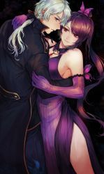 Rule 34 | 1boy, 1girl, bare shoulders, black hair, breasts, commentary request, dress, elbow gloves, flower, gijang, gloves, hair ornament, hiver laurant, jewelry, large breasts, long dress, long hair, looking at viewer, michele malebranche, nein (album), ponytail, purple dress, purple eyes, red eyes, sideboob, smile, sound horizon, white hair
