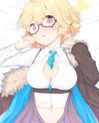 Rule 34 | 1girl, ahoge, bed sheet, between breasts, black jacket, blonde hair, blue archive, blue necktie, blush, braid, breasts, cleavage, collared shirt, commentary request, fur-trimmed jacket, fur trim, grey skirt, hair between eyes, halo, highres, jacket, jacket partially removed, kotori (blue archive), large breasts, long sleeves, looking at viewer, lying, midriff, navel, necktie, necktie between breasts, on back, open mouth, pleated skirt, red eyes, shirt, side braid, sidelocks, skirt, solo, steam, sweat, teardrop-framed glasses, triangle halo, underbust, upper body, watarui, yellow halo