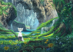 Rule 34 | 1boy, animal ears, arms at sides, black pants, cliff, day, fantasy, flower, furry, furry male, grass, green eyes, grey hair, long sleeves, male focus, moss, original, outdoors, pants, pippi (pixiv 1922055), river, roots, scenery, shirt, solo, standing, tail, water, waterfall, white shirt